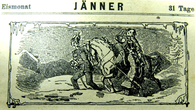 Funkcjonariusze niosą pomoc zaginionemu wędrowcy.Ilustracja z kalendarza C.K. Żandarmerii Krajowej na 1918 r. 