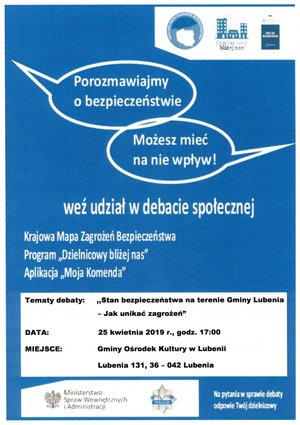 Plakat zapraszający na debatę społeczną w Gminnym Ośrodku Kultury w Lubeni w dniu 25 kwietnia 2019 r.