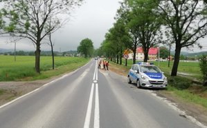 Policyjny radiowóz stoi na drodze, w tle pracownicy usuwają błoto