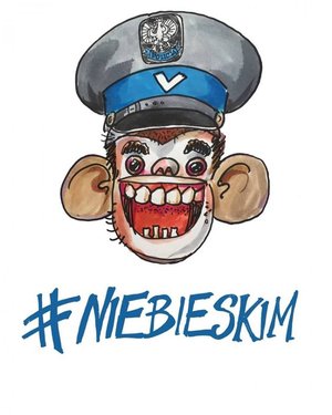 Na zdjęciu logo akcji; głowa małpy, postaci z komiksów, w policyjnej czapce z napisem #niebieskim.