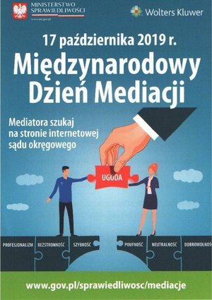 Plakat informujący o Międzynarodowym Dniu Mediacji w dniu 17 października 2019r.