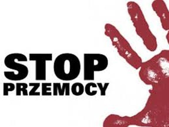 Grafika przedstawiająca część dłoni oraz napis Stop Przemocy