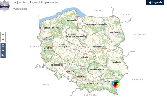 zdjęcie przedstawia mapę Polski , na której oznaczono ilość zgłoszeń na platformie Krajowej Mapy Zagrożeń  Bezpieczeństwa na terenie powiatu przemyskiego ( 10 332 zgłoszenia)